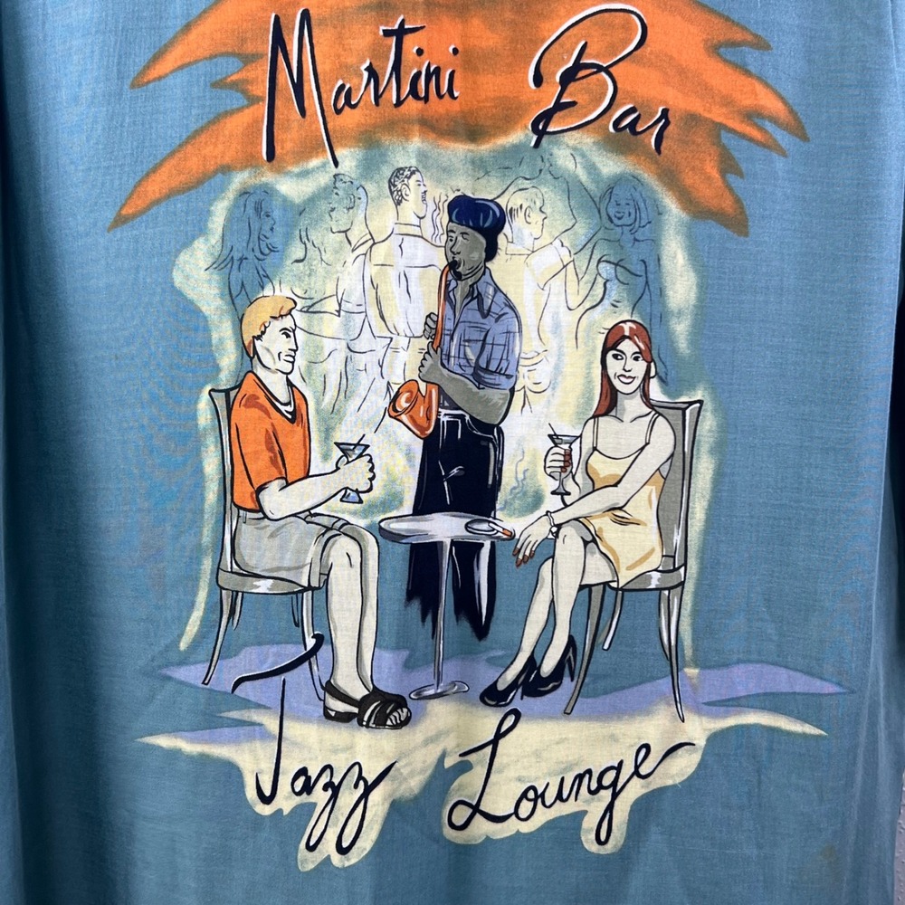 Vintage 90s Utility Shirt Mens Martini Bar Jazz Lounge Rayon M Novelty Resort